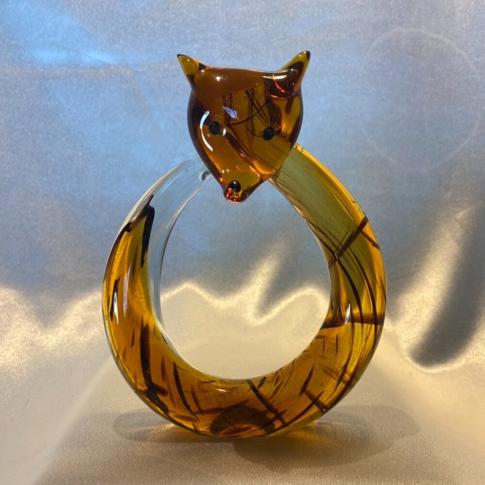Vintage Amber Murano Style Art Glass Fox Figurine Hand Blown Sculpture